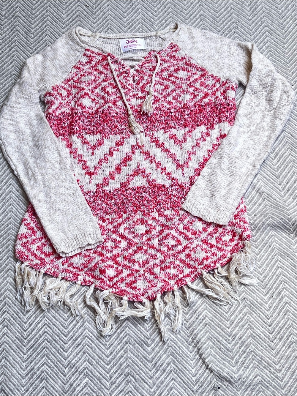 Justice Cream & Pink Fringed Geometric Knit Pullover